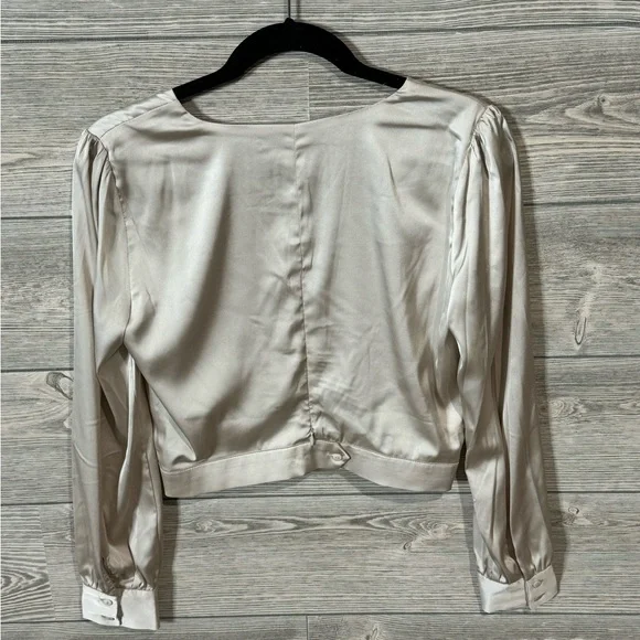 Long Sleeve Surplice Crop Top, Blouse, Size Small, Champagne, V-neck, Satin - Picture 8 of 9